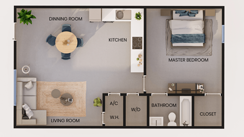 Floor plan for 1 bed, 1 bath, 761 sqft